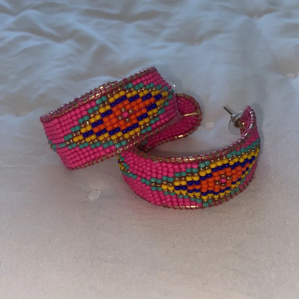 Pink Aztec Beaded Hoop Earrings - Picture 2 of 4